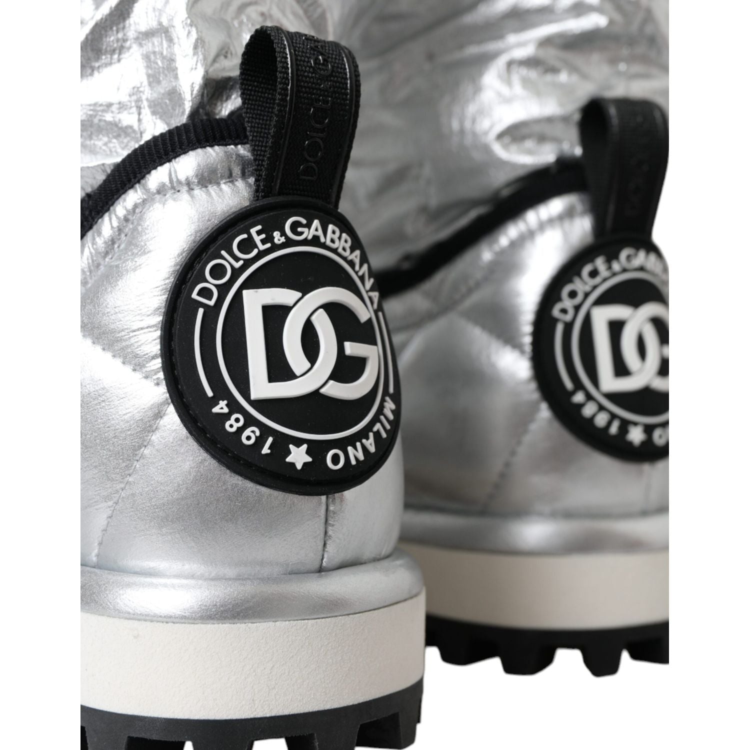 Dolce & Gabbana Metallic Silver Quilted Logo Patch Boot Shoes