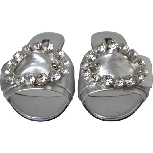 Dolce & Gabbana Silver Crystal Leather Flats Sandals Shoes Dolce & Gabbana Slate Gray
