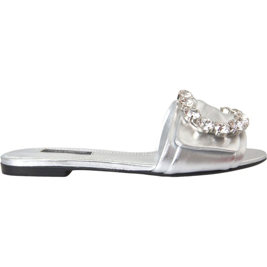 Dolce & Gabbana Silver Crystal Leather Flats Sandals Shoes Dolce & Gabbana Light Gray