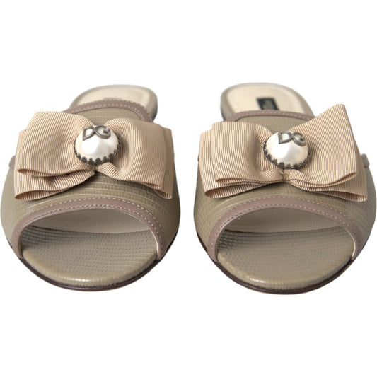 Dolce & Gabbana Beige Logo Pearl Flats Sandals Slides Shoes Dolce & Gabbana Slate Gray