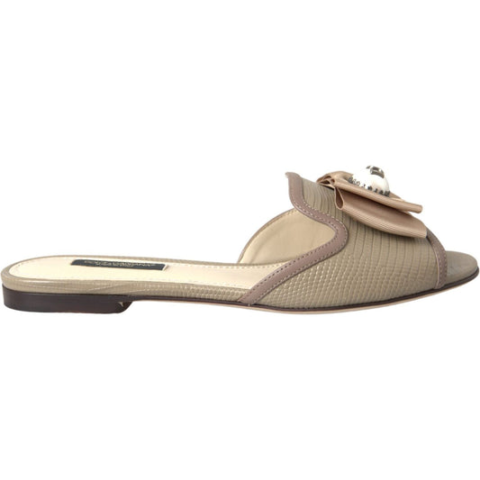 Dolce & Gabbana Beige Logo Pearl Flats Sandals Slides Shoes Dolce & Gabbana Rosy Brown