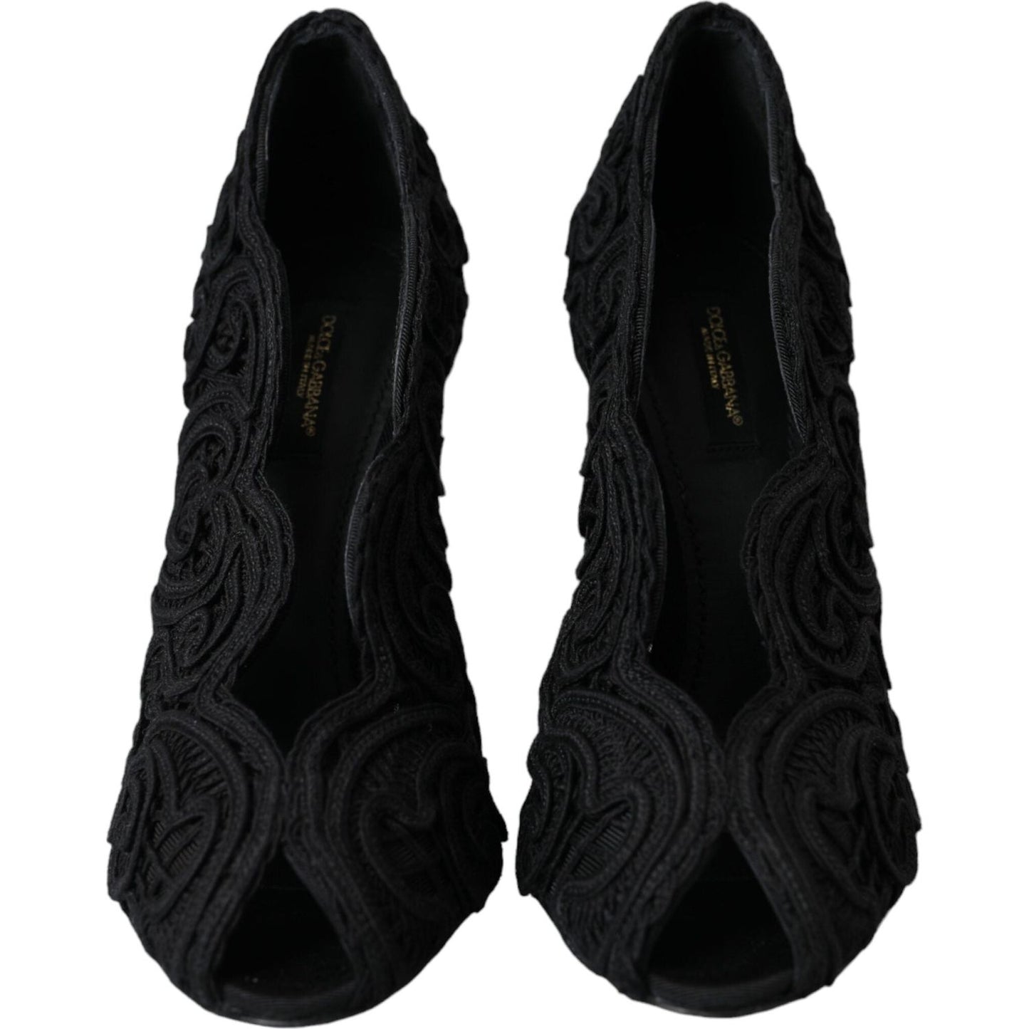 Dolce & Gabbana Black Cordonetto Ricamo Pump Open Toe Shoes