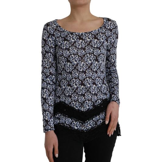 Just Cavalli Blue Floral Lace Long Sleeves Top Underwear Blouse Just Cavalli Black