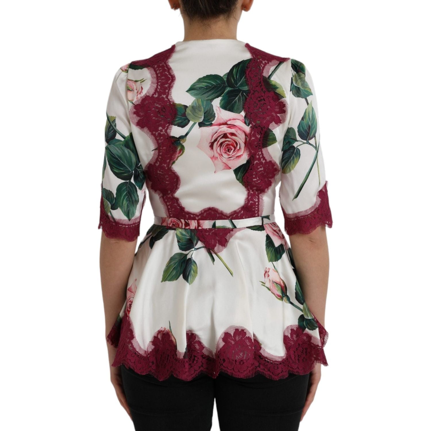 Dolce & Gabbana White Floral Lace Silk Short Sleeves Top