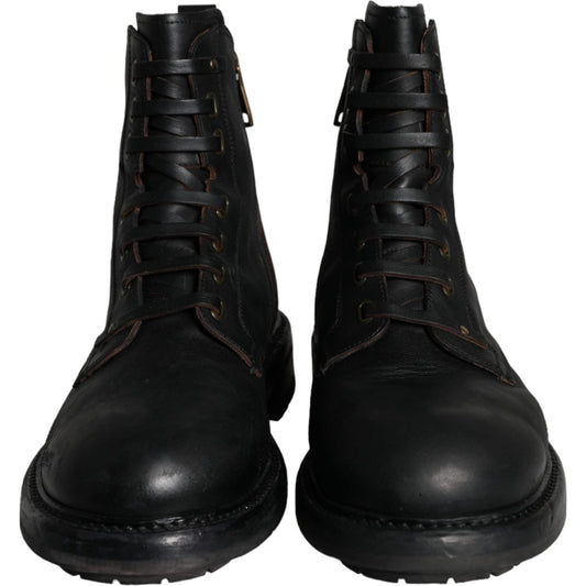 Dolce & Gabbana Black Lace Up Mid Calf Boots Men Shoes Dolce & Gabbana Black