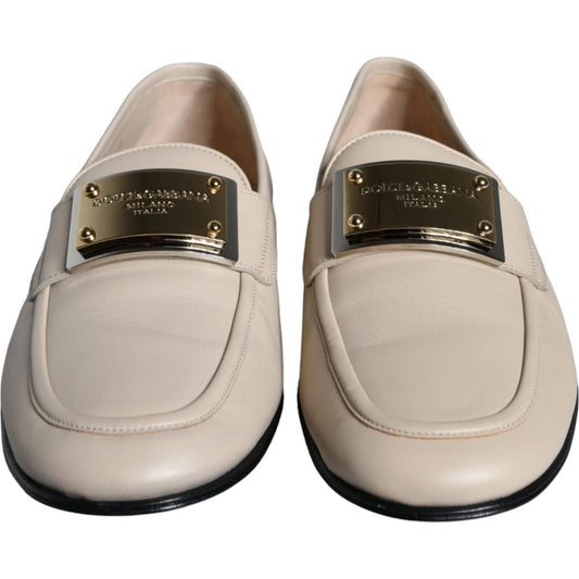 Dolce & Gabbana Beige Leather Logo Plaque Slip On Men Loafers Shoes Dolce & Gabbana Gray