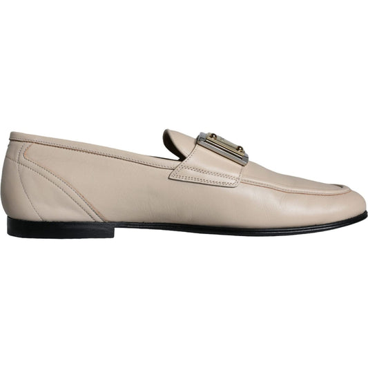 Dolce & Gabbana Beige Leather Logo Plaque Slip On Men Loafers Shoes Dolce & Gabbana Dark Gray