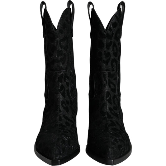 Dolce & Gabbana Black Gray Leopard Cowboy Boots Shoes Dolce & Gabbana Black