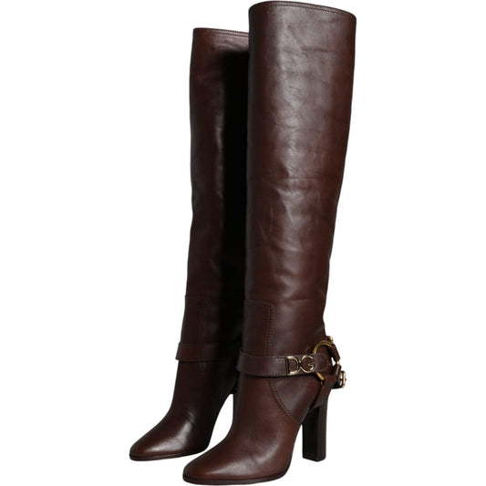 Dolce & Gabbana Brown Leather Gold Tone Logo High Boots Shoes Dolce & Gabbana Black