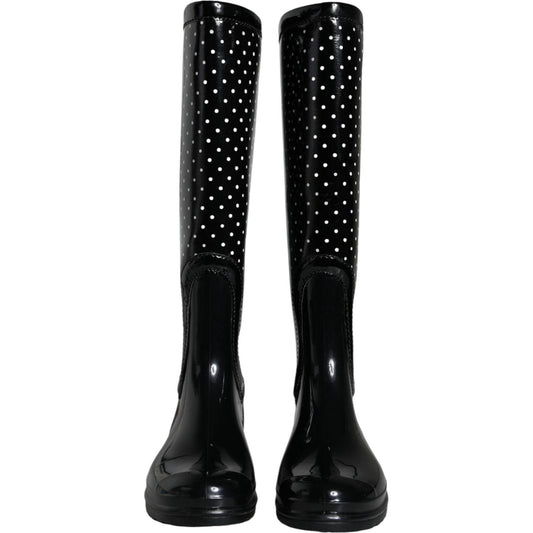Dolce & Gabbana Black Polka Dot Rubber Knee High Boots Shoes Dolce & Gabbana Black