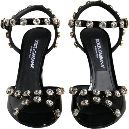 Dolce & Gabbana Black Leather Crystal Ankle Strap Sandals Shoes Dolce & Gabbana Black