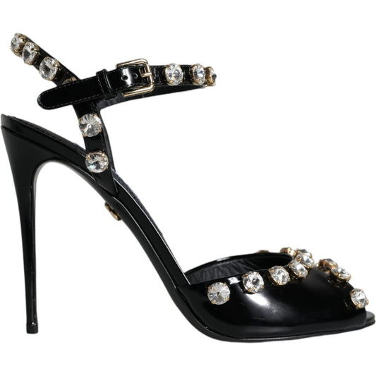 Dolce & Gabbana Black Leather Crystal Ankle Strap Sandals Shoes Dolce & Gabbana Black