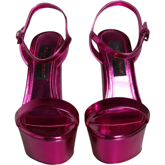 Dolce & Gabbana Fuchsia Leather Platform Logo Keira Sandals Shoes Dolce & Gabbana Dark Red