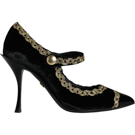 Dolce & Gabbana Black Mary Janes Velvet Gold Pumps Shoes Dolce & Gabbana Black