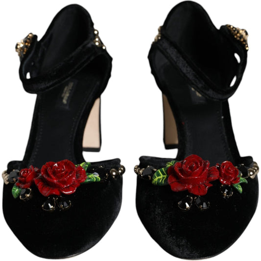 Dolce & Gabbana Black Velvet Roses Ankle Strap Pumps Shoes Dolce & Gabbana Black