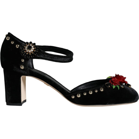 Dolce & Gabbana Black Velvet Roses Ankle Strap Pumps Shoes Dolce & Gabbana Black