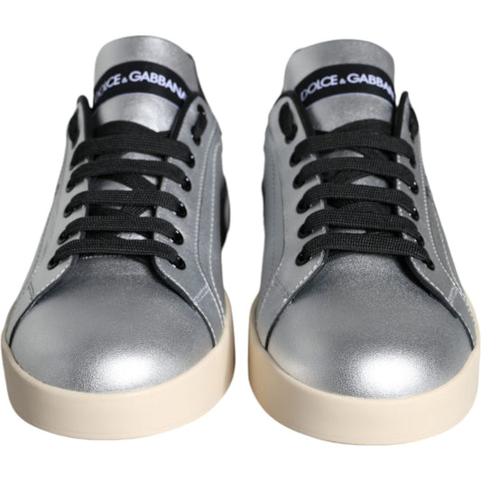 Dolce & Gabbana Silver Portofino Calf Leather Sneakers Shoes WOMAN SNEAKERS Dolce & Gabbana Light Slate Gray