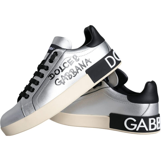 Dolce & Gabbana Silver Portofino Calf Leather Sneakers Shoes WOMAN SNEAKERS Dolce & Gabbana Gray