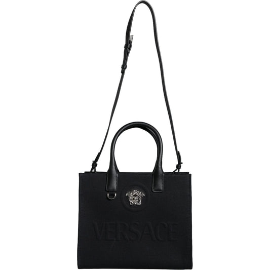 Versace Black Top Handle Canvas Leather Logo Crossbody Tote Bag Versace Black