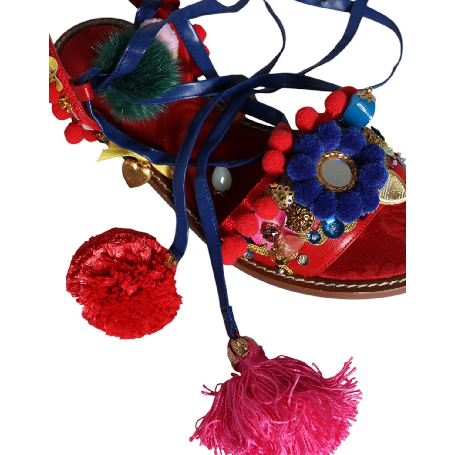 Dolce & Gabbana Multicolor Pom Pom Fur Wrap Sandals Shoes