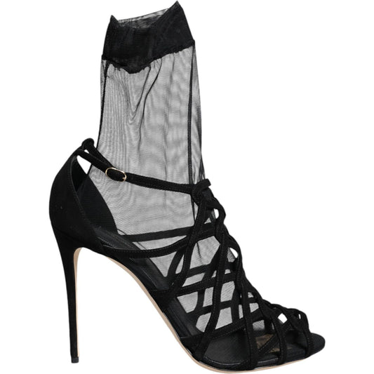 Dolce & Gabbana Black Tulle Stretch Heels Sandals Shoes Dolce & Gabbana Dark Slate Gray