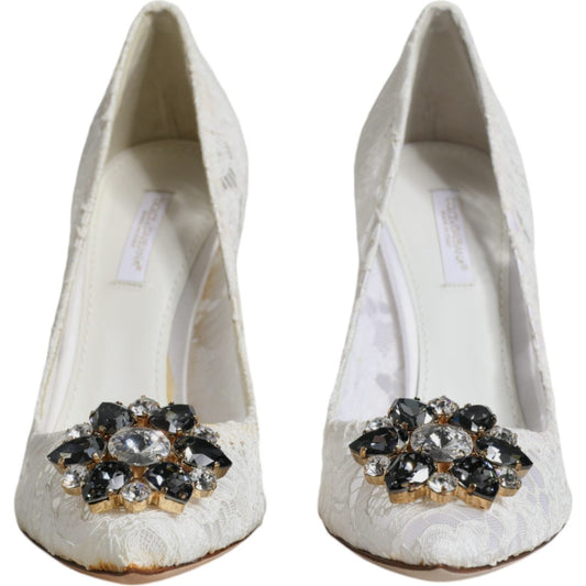 Dolce & Gabbana White Taormina Lace Crystal Heel Pumps Shoes Dolce & Gabbana Gray