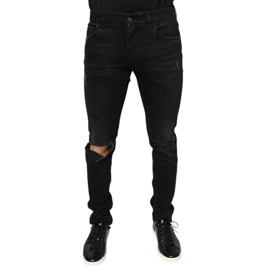 Dolce & Gabbana Black Tattered Cotton Skinny Men Denim Jeans Dolce & Gabbana Black