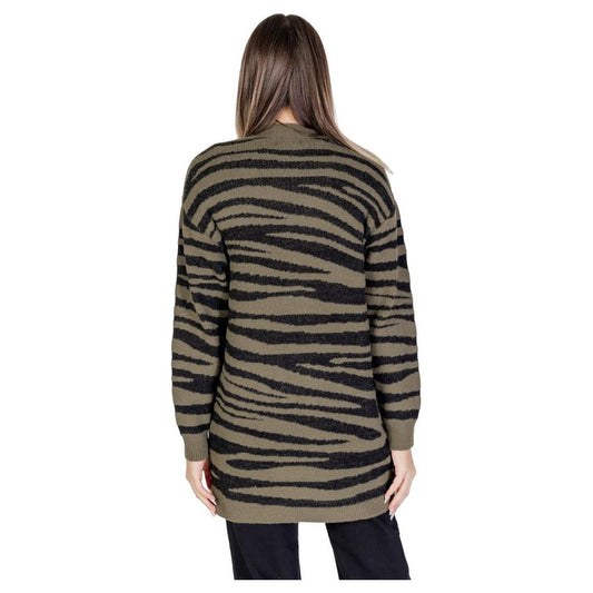 Back view of a woman wearing a Jacqueline De Yong green nylon cardigan with zebra pattern, ideal for fall and winter fashion.