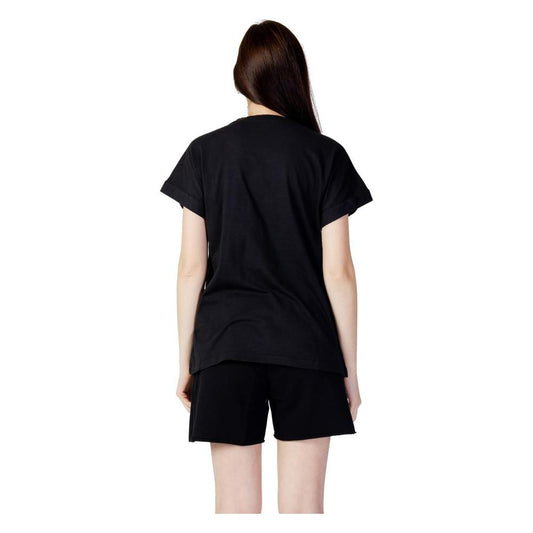 Back view of woman wearing Blauer black cotton T-shirt from spring/summer collection, showcasing simple and elegant style.