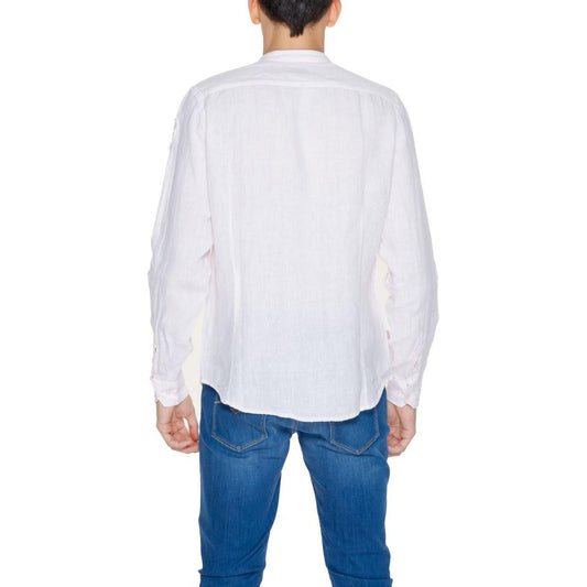 Back view of a men's long-sleeved Blauer Multicolor Linen Shirt, 100% linen, from the Spring/Summer collection, shown with blue jeans.
