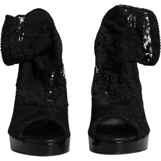 Dolce & Gabbana Black Stretch Taormina Lace Boots Shoes Dolce & Gabbana Black