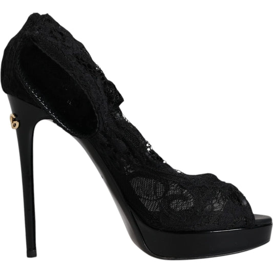 Dolce & Gabbana Black Stretch Taormina Lace Boots Shoes Dolce & Gabbana Black