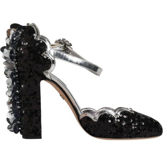 Dolce & Gabbana Black Silver Sequin Ankle Strap Sandals Shoes Dolce & Gabbana Gray