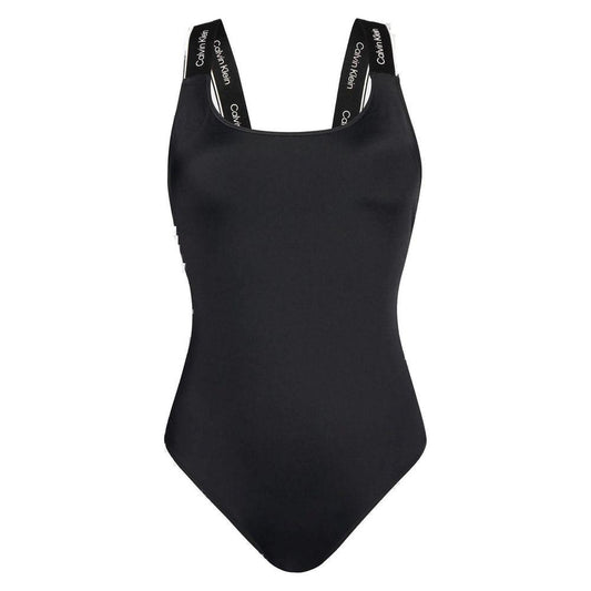 Calvin Klein black nylon one-piece swimsuit with branded logo straps, ideal for beach and swimming activities.