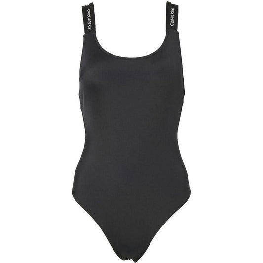Calvin Klein black nylon one-piece swimsuit with logo straps, elegant and minimalist design, perfect for beach or pool activities.