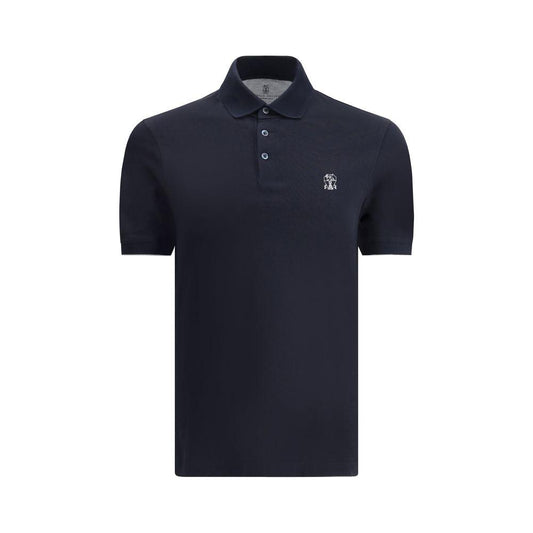 Brunello Cucinelli black cotton polo shirt with ribbed collar and iconic logo, featuring contrasting piping and monochrome pattern.