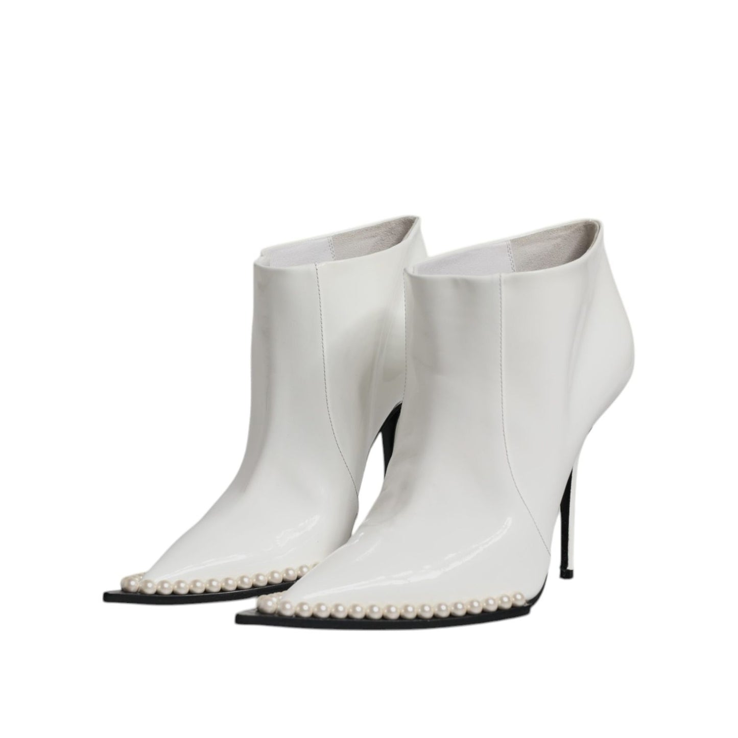Dolce & Gabbana White Faux Pearl Leather Pointed Toe Ankle Boot Shoes