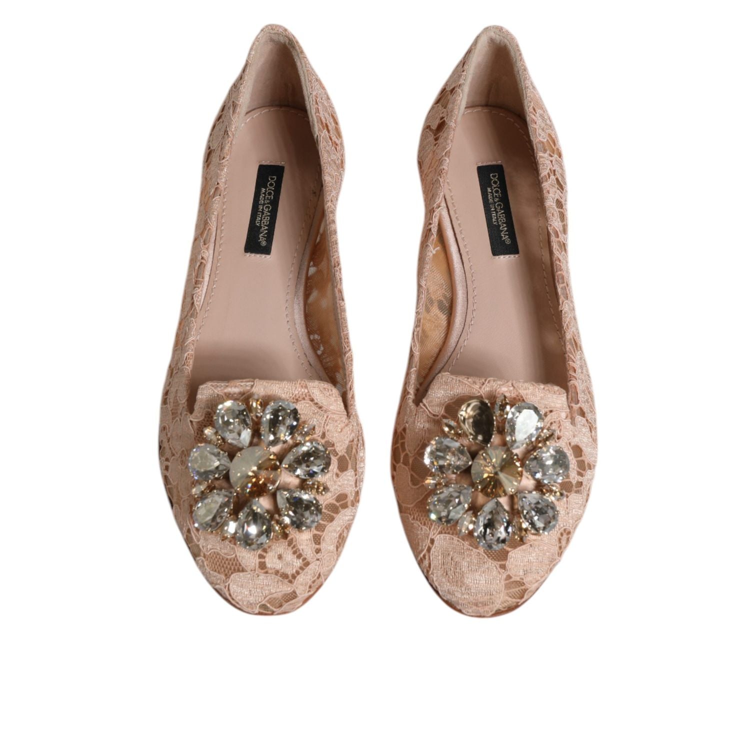 Dolce & Gabbana Beige Lace Crystal Ballet Flats Loafers Shoes