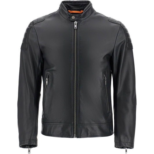 Boss black leather jacket with high collar and quilted details