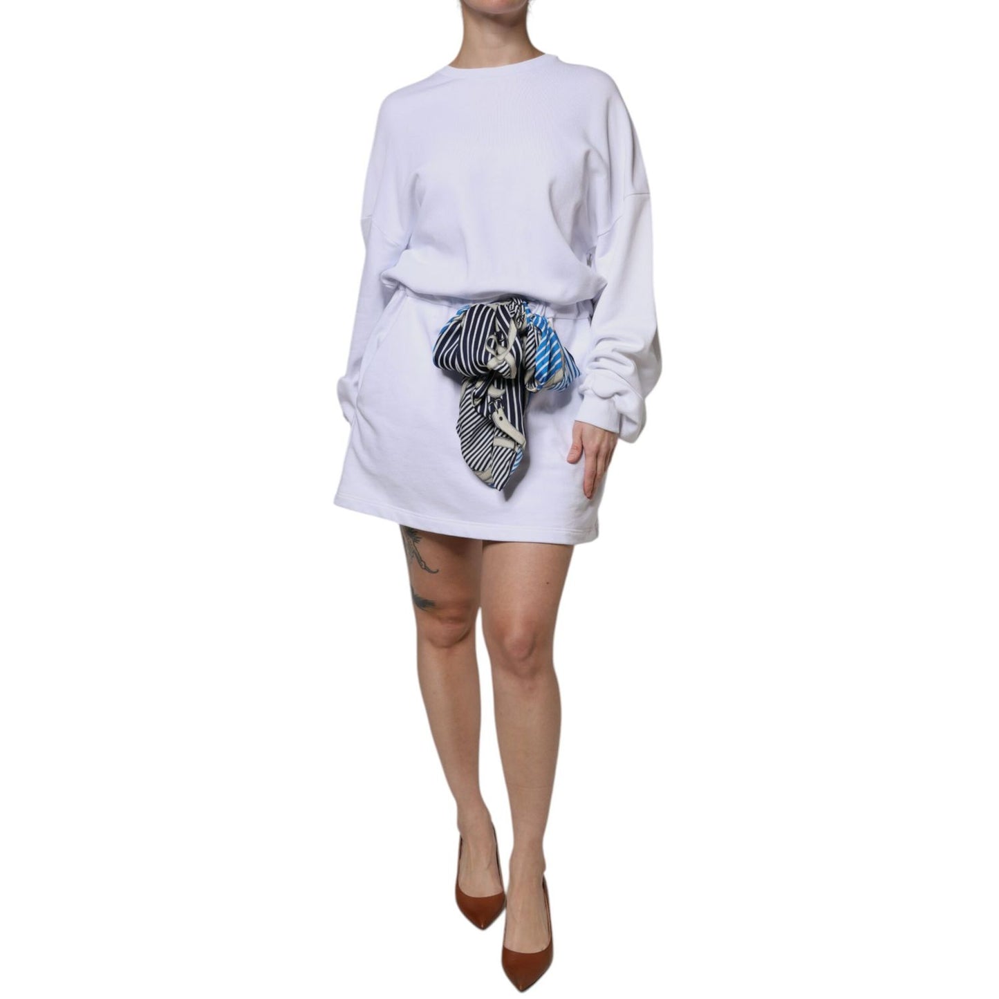 MSGM White Cotton Belted Long Sleeves Crew Neck Mini Dress