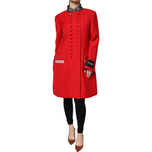 Dolce & Gabbana Red Jacquard Wool Women Trenchcoat Jacket JKT4196-48