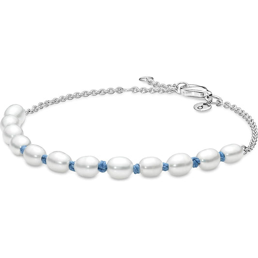 PANDORA JEWELS Mod. TREATED FRESHWATER CULTURED PEARL BLUE CORD - Size 18 Bracelet PANDORA Light Gray