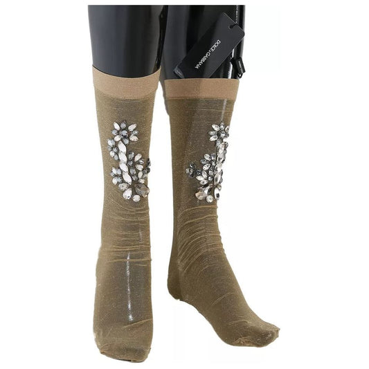 Dolce & Gabbana Gold Stretch Floral Clear Crystal Stocking Socks SCS54-M