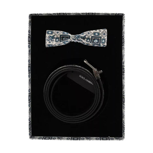Dolce & Gabbana White Blue Silk Bowtie Leather Belt Gift Box Set BT115-115