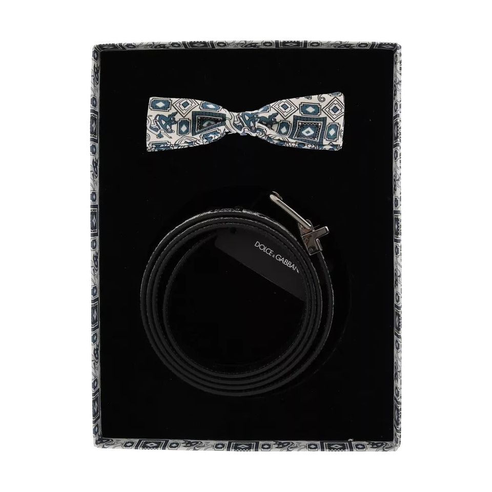 Dolce & Gabbana White Blue Silk Bowtie Leather Belt Gift Box Set BT115-115