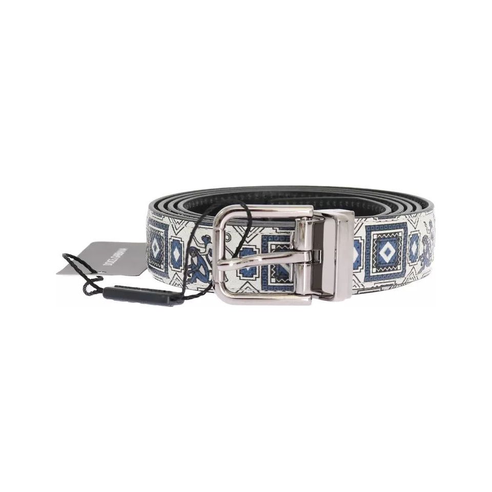 Dolce & Gabbana White Blue Silk Bowtie Leather Belt Gift Box Set BT115-115