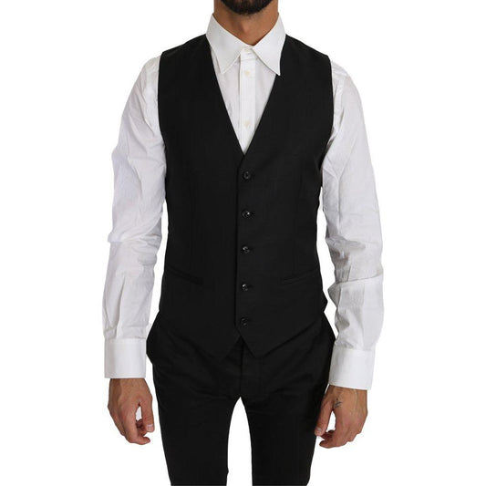Dolce & Gabbana Black Solid Wool Silk Waistcoat Vest TSH2665-46