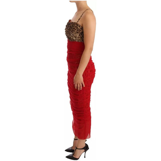 Dolce & Gabbana Brown Leopard Red Tulle Sheath Midi Dress DR28736-36