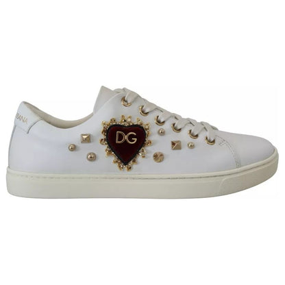 Dolce & Gabbana White Leather Gold Red Heart Sneakers Shoes