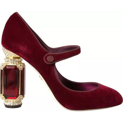 Dolce & Gabbana Red Velvet Gold Crystals Heels Mary Janes Shoes